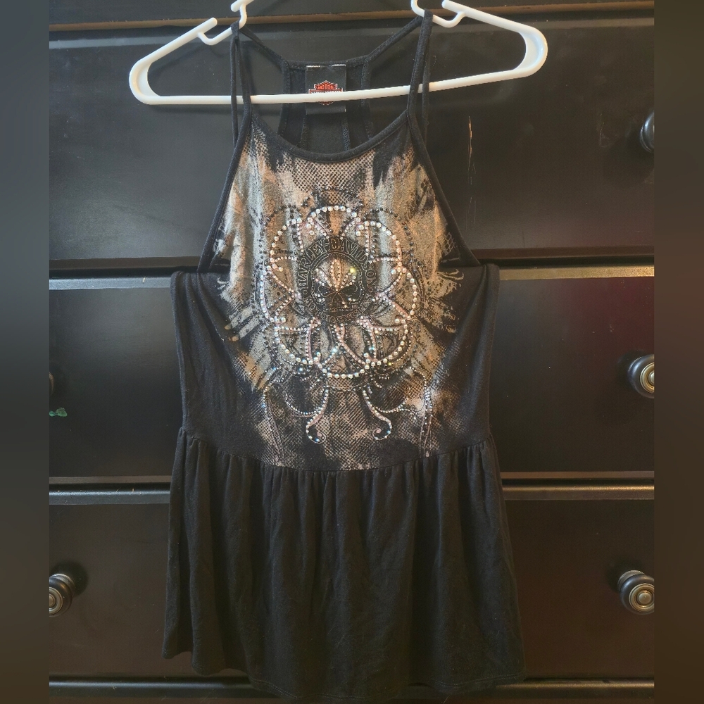 Harley-Davidson Black and Silver Embellished Tank Top